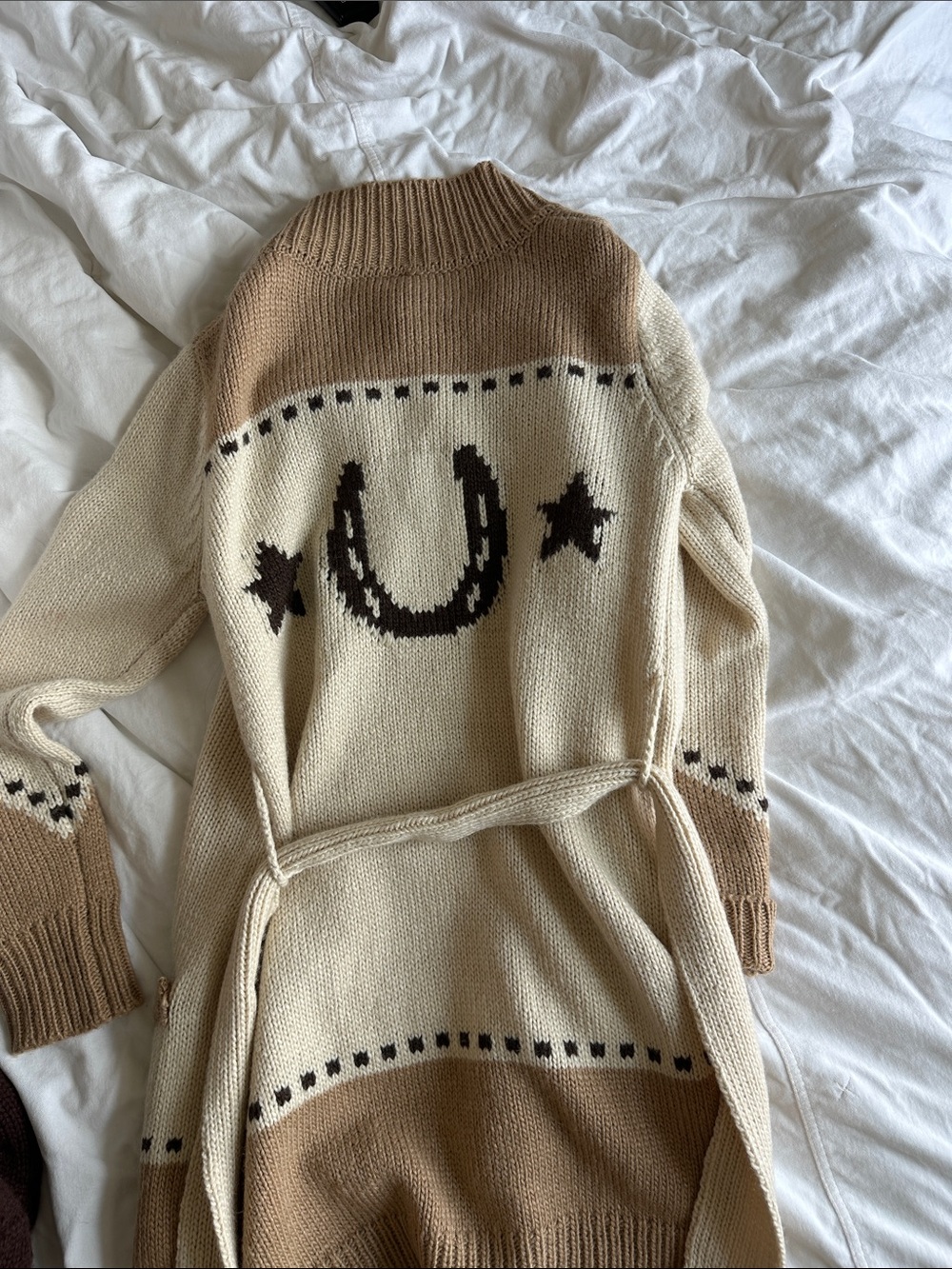 Stetson Cream & Tan Horseshoe Star Belted Cardigan - Picture 3 of 5